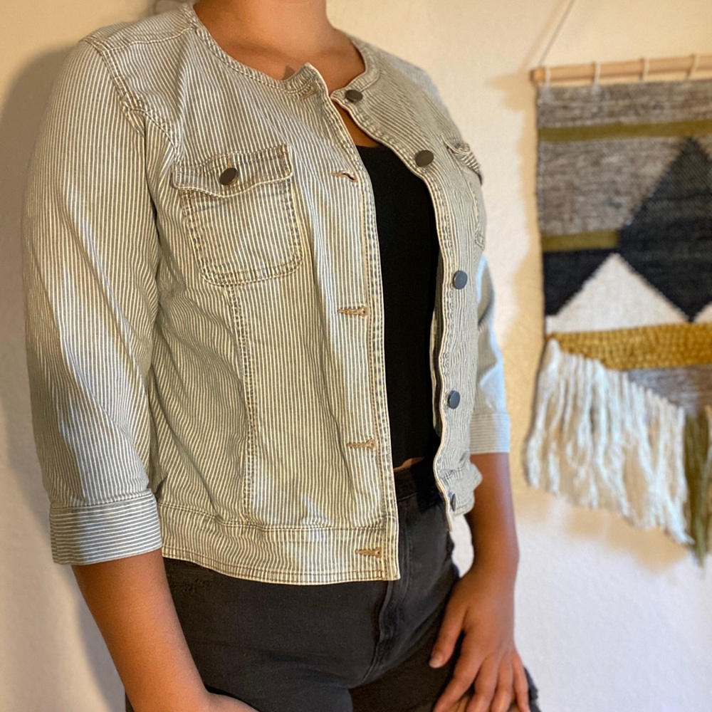 Chico’s Blue & White Stripe Button Up Jacket!
